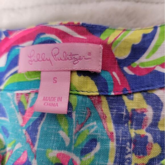 Lilly Pulitzer Dress Small Linen 3/4 Sleeve Blue Pink Paisley‎ Print Tunic Dress - Picture 6 of 9
